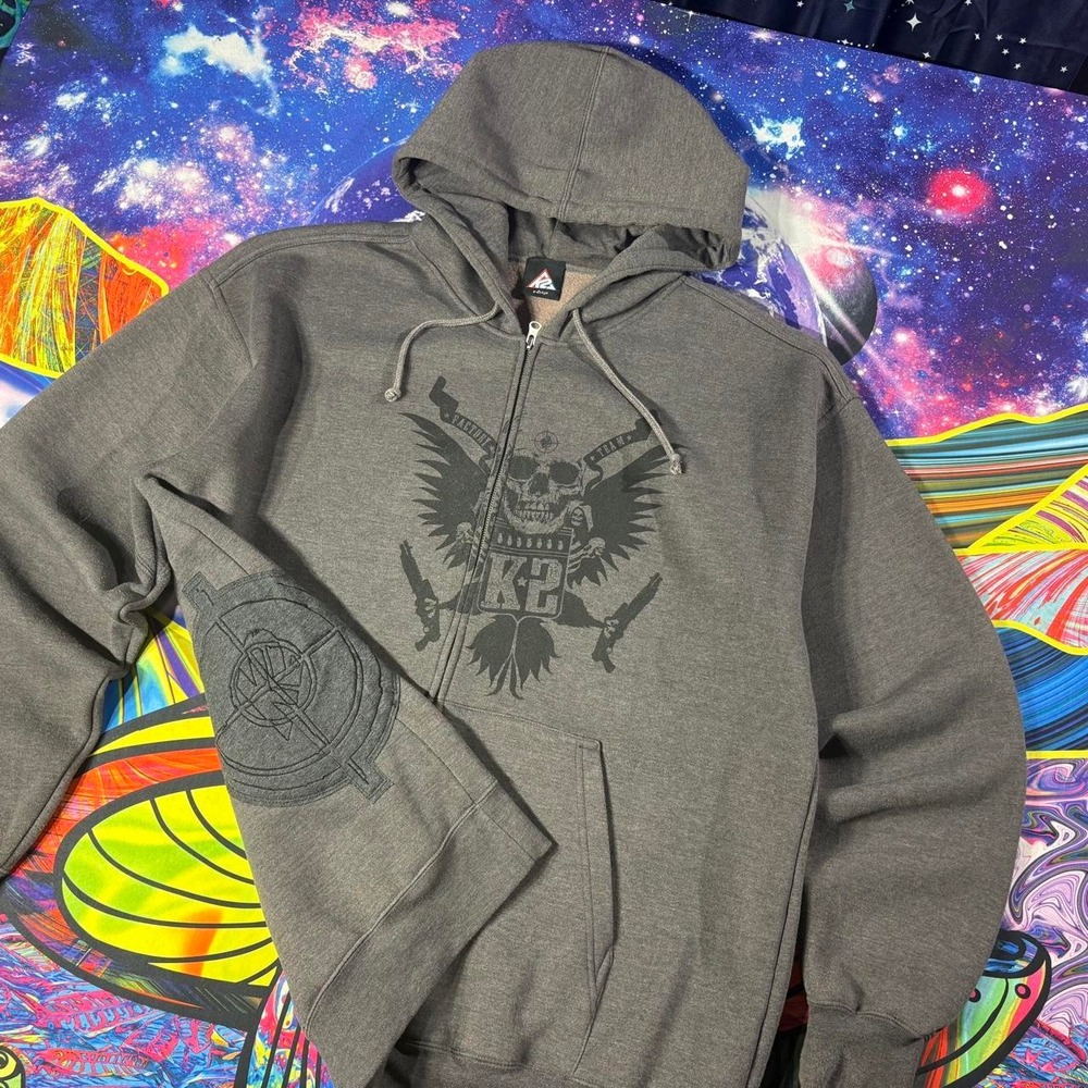 K2 Factory Team Skull Zip Up Hoodie Grey Beimar Heavyweight Fleece Mens XL Y2K